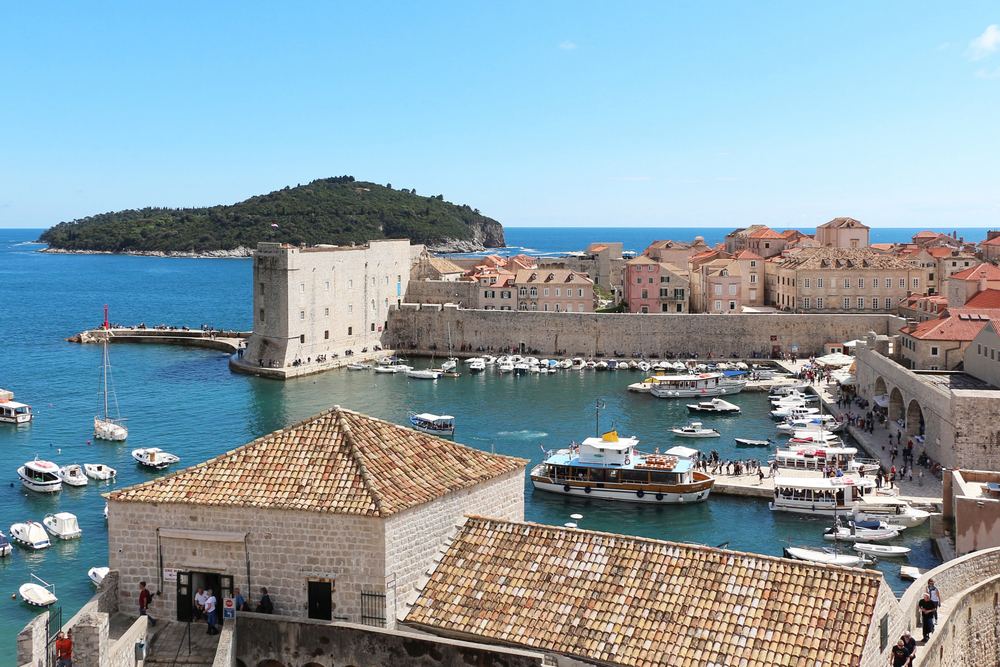 Dubrovnik old harbour with Lokrum island and the Adriatic Sea